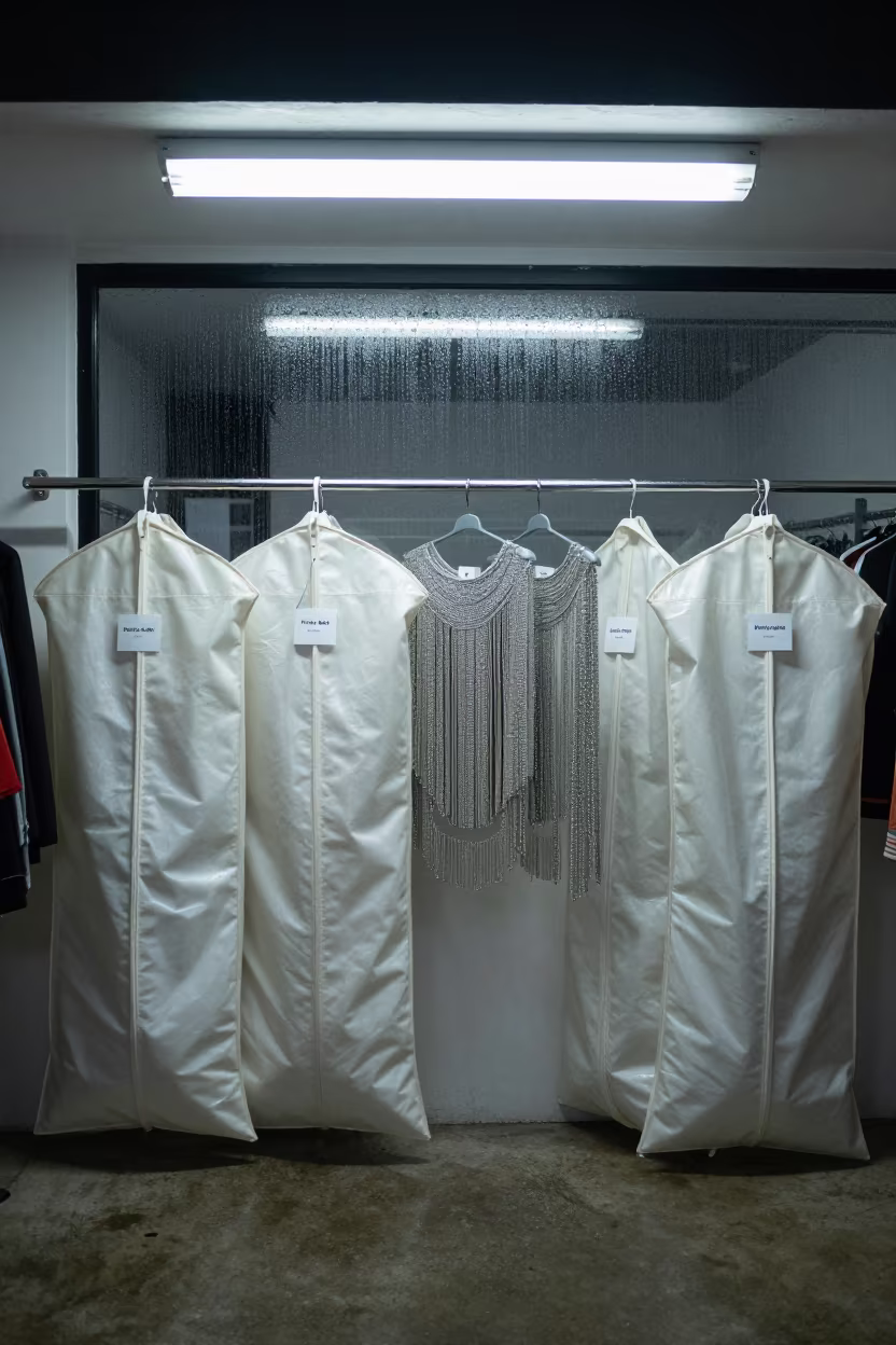 Crystal Fringe Garment in Pointe-Noire Showroom in inside a minimalist showroom in Pointe-Noire