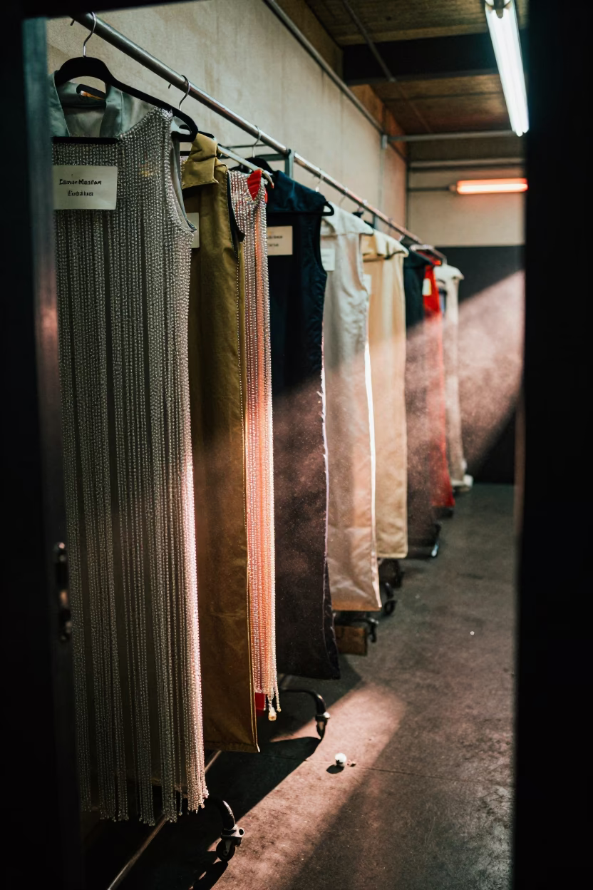 Crystal Fringe Hanging Near Garment Bags in in a backstage changing corridor in Eastern Market, Washington DC