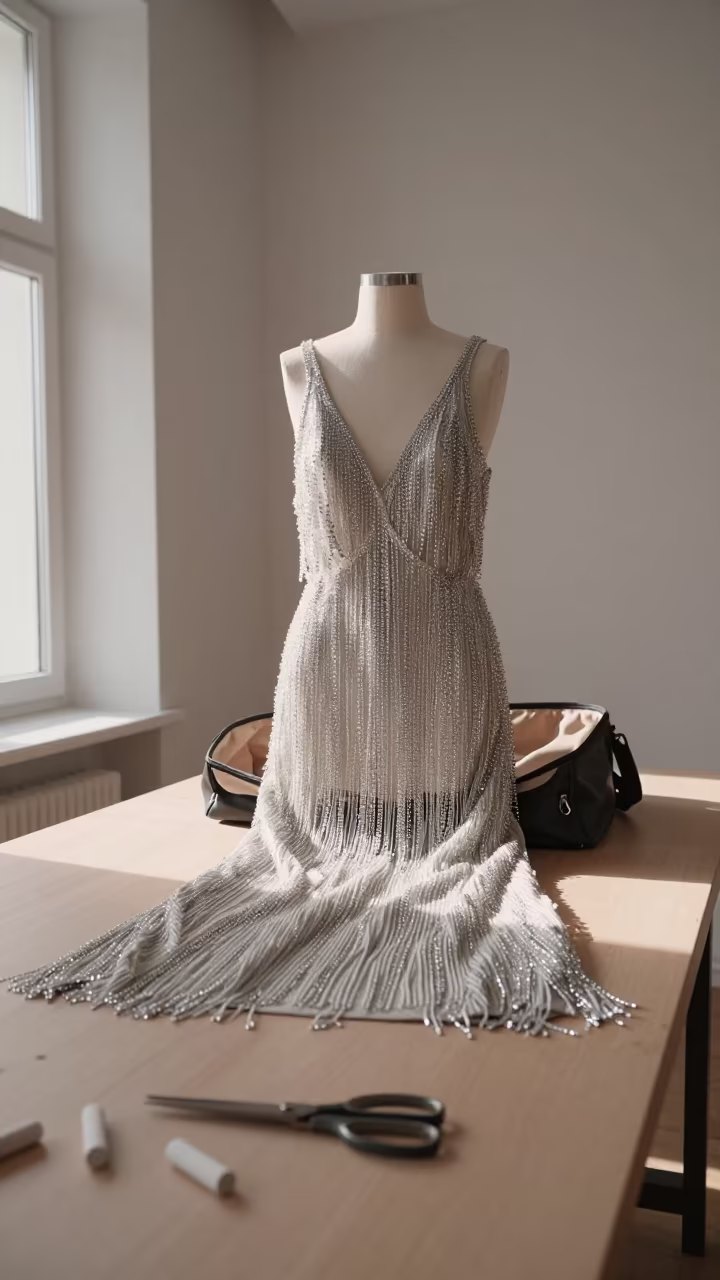 Crystal Fringed Dress on Tailoring Table in at a tailoring table strewn with chalk and shears in Gothenburg