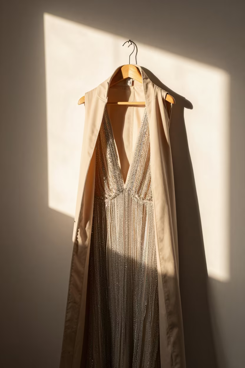 Crystal Fringed Runway Dress in Fez Rehearsal Light in under runway rehearsal lights near Fez