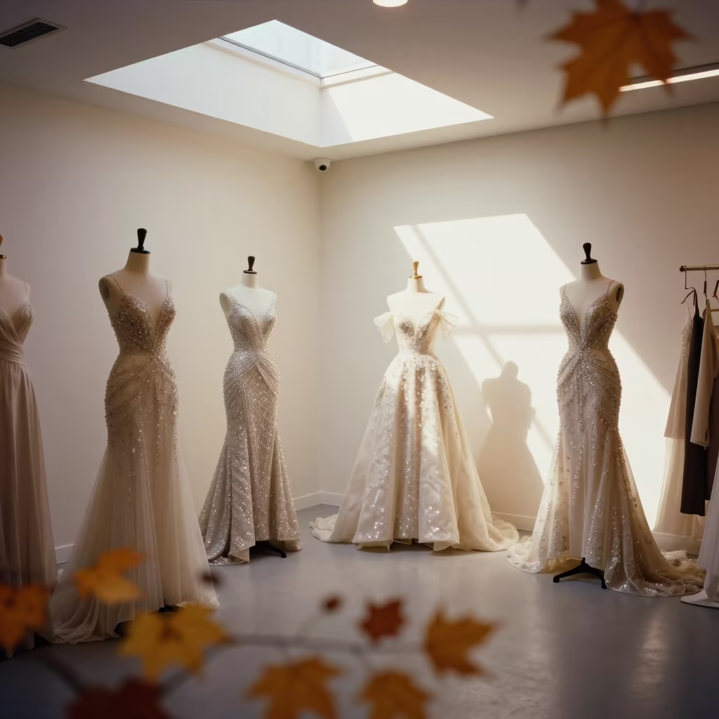 Crystal Gown Atelier in Autumn Skylight in inside a minimalist showroom in Syracuse