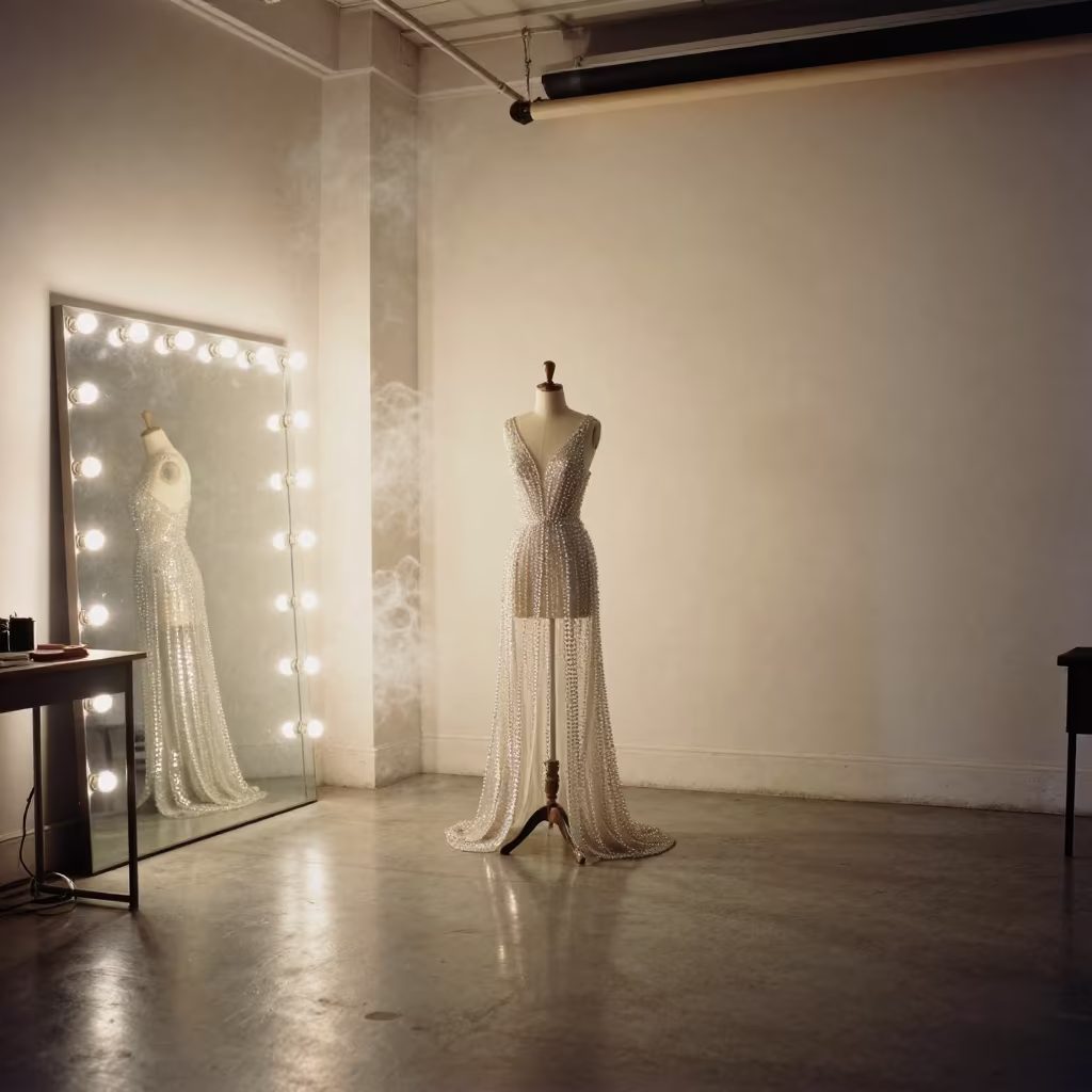 Crystal Gown Atelier in East London Studio in beside a mirror lined with makeup bulbs in East London