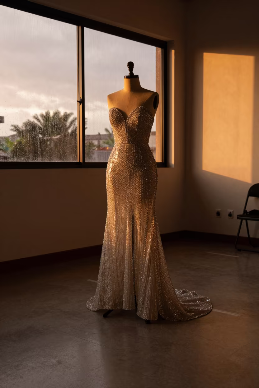Crystal Gown Dress Form in Jujuy Evening Light in under runway rehearsal lights near San Salvador de Jujuy
