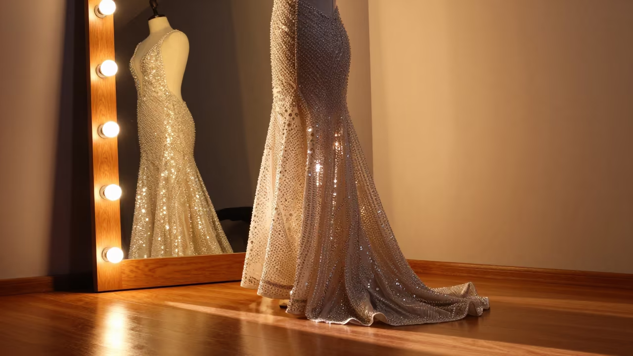 Crystal Gown Dress Form in Querétaro Sunset in beside a mirror lined with makeup bulbs in Santiago de Querétaro