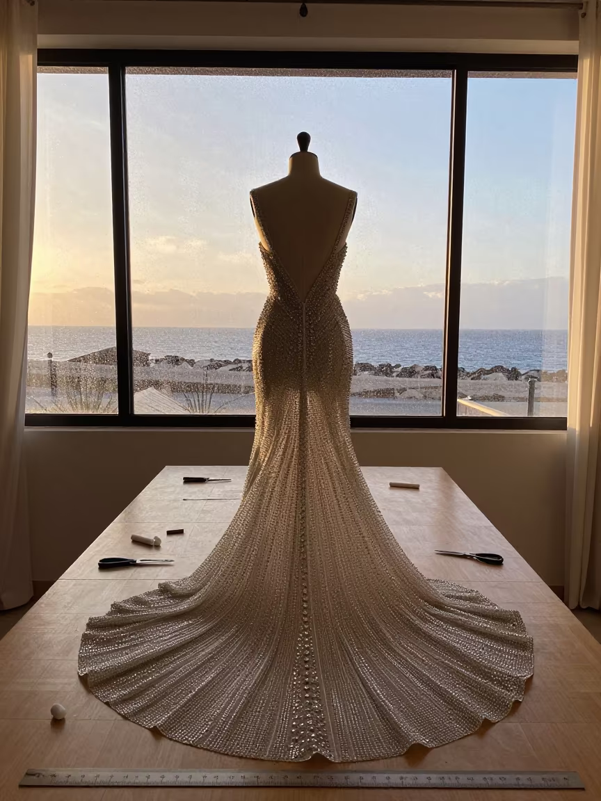 Crystal Gown Dress Form in Sharm El-Sheikh Atelier in at a tailoring table strewn with chalk and shears in Sharm el-Sheikh