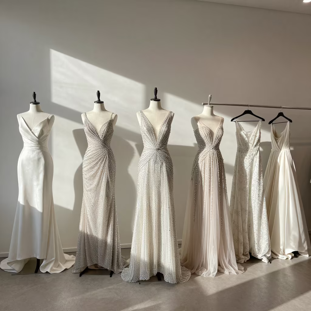 Crystal Gown Lineup in Vantaa Showroom in inside a minimalist showroom near Vantaa