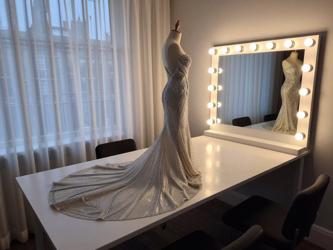Crystal Gown Tailor Table Westminster Winter Light in beside a mirror lined with makeup bulbs in City of Westminster