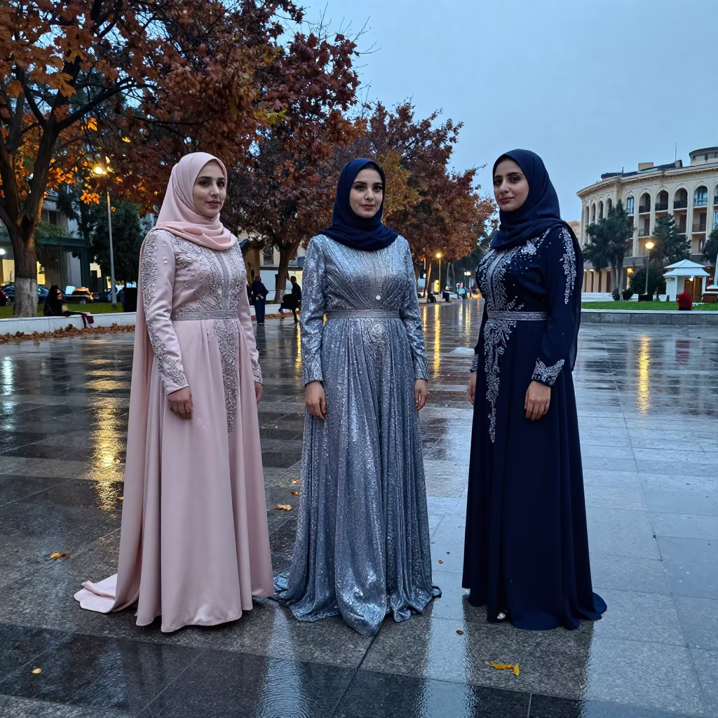 Crystal Gowns in Al Bayda Autumn Drizzle in across a reflective public plaza in Al Bayda
