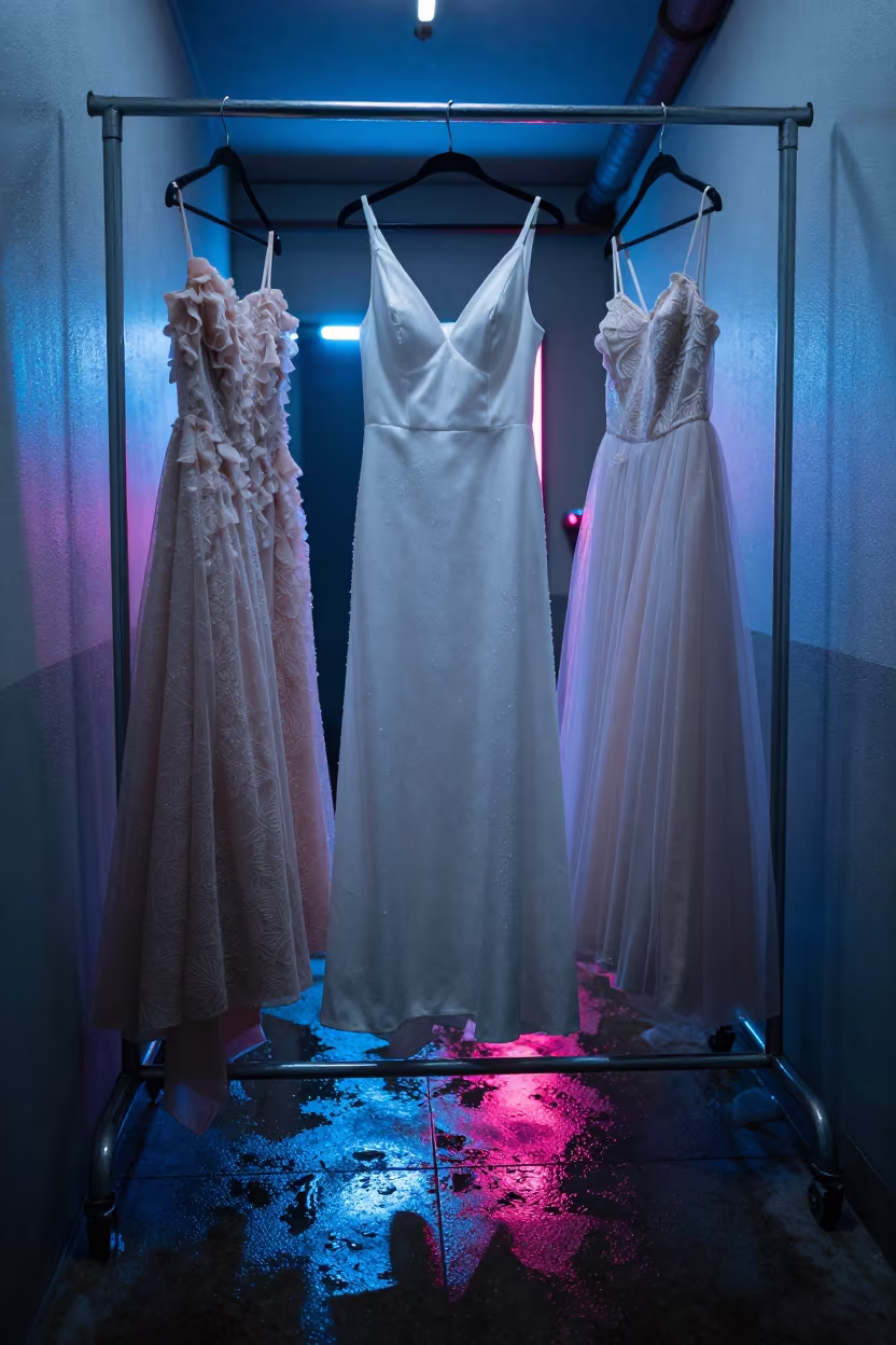 Crystal Gowns Backstage Ambato Midnight in in a backstage changing corridor in Ambato