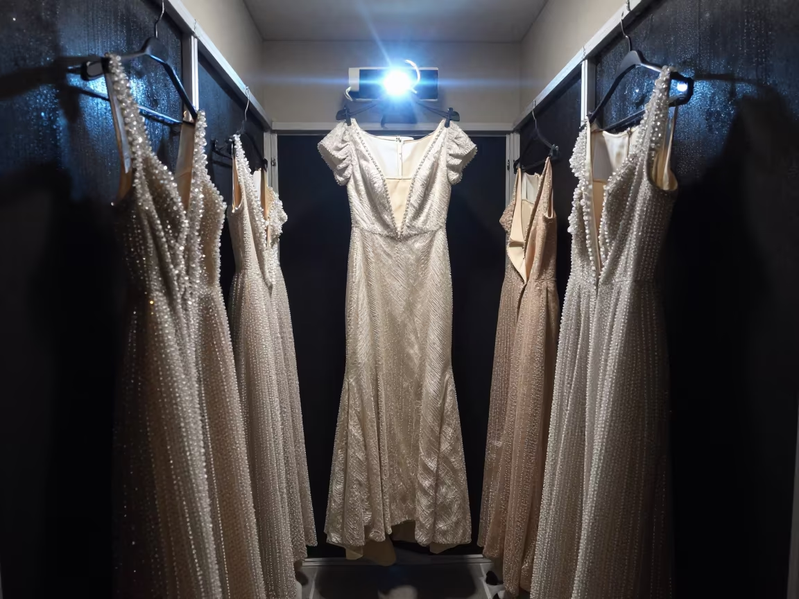 Crystal Gowns Backstage Before Dawn in in a backstage changing corridor near Cambridge