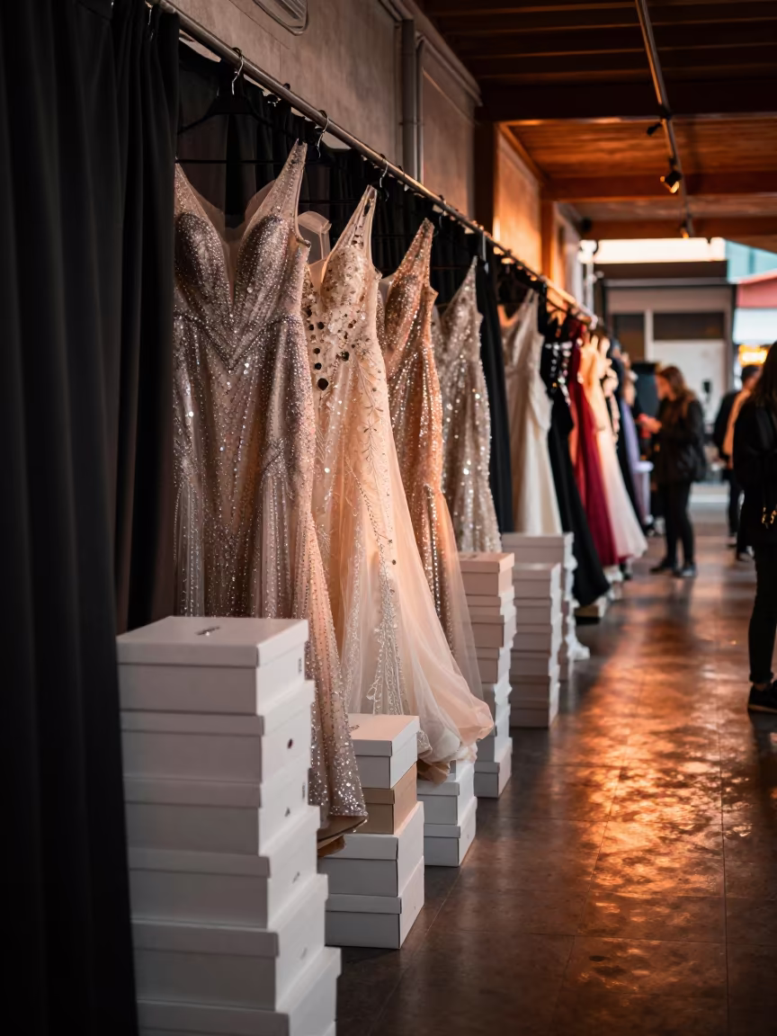 Crystal Gowns Backstage Tbilisi Market in in a backstage changing corridor in Dry Bridge Market, Tbilisi