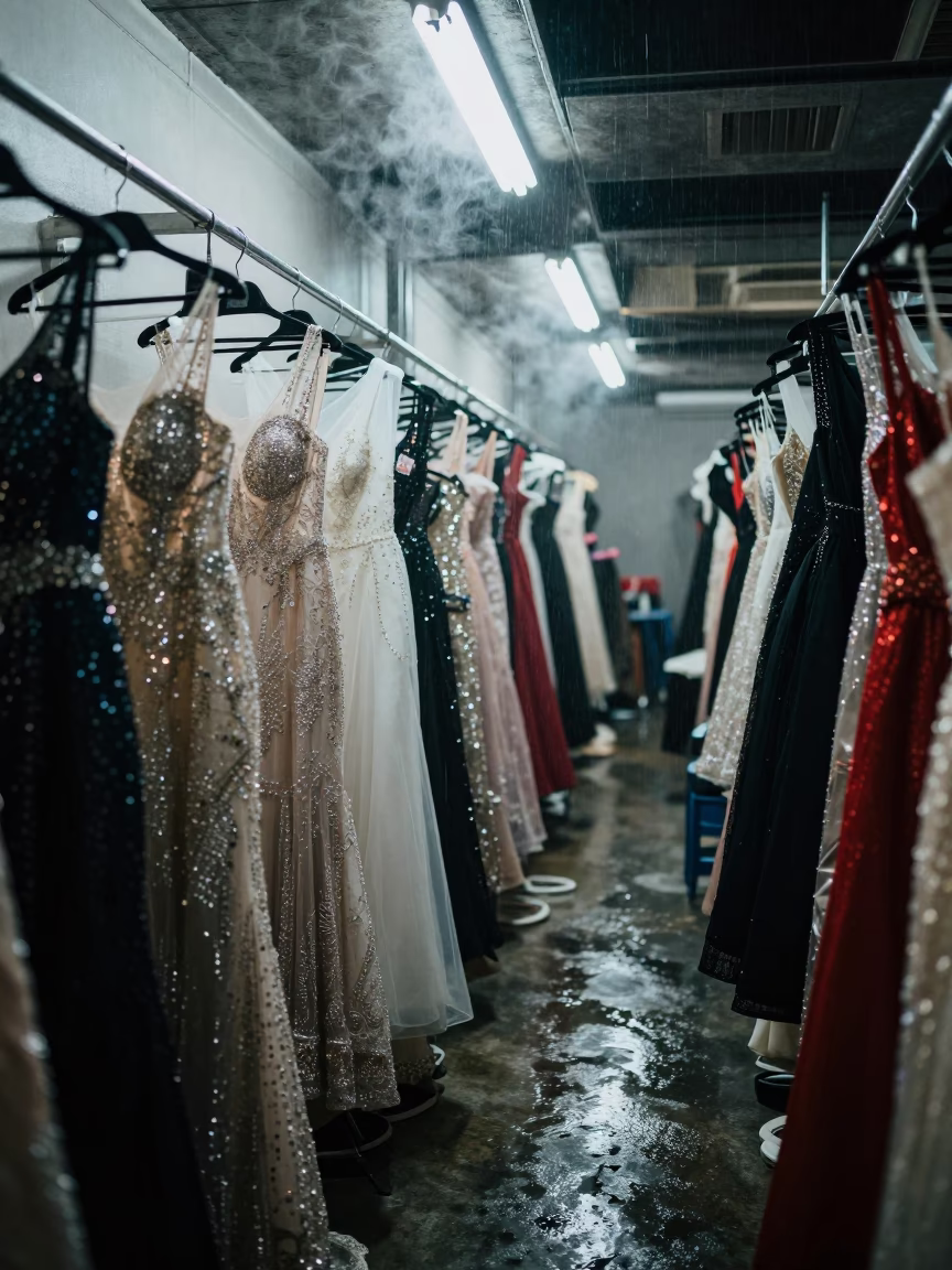 Crystal Gowns in Bangkok Corridor After Rain in in a backstage changing corridor near Ekkamai, Bangkok