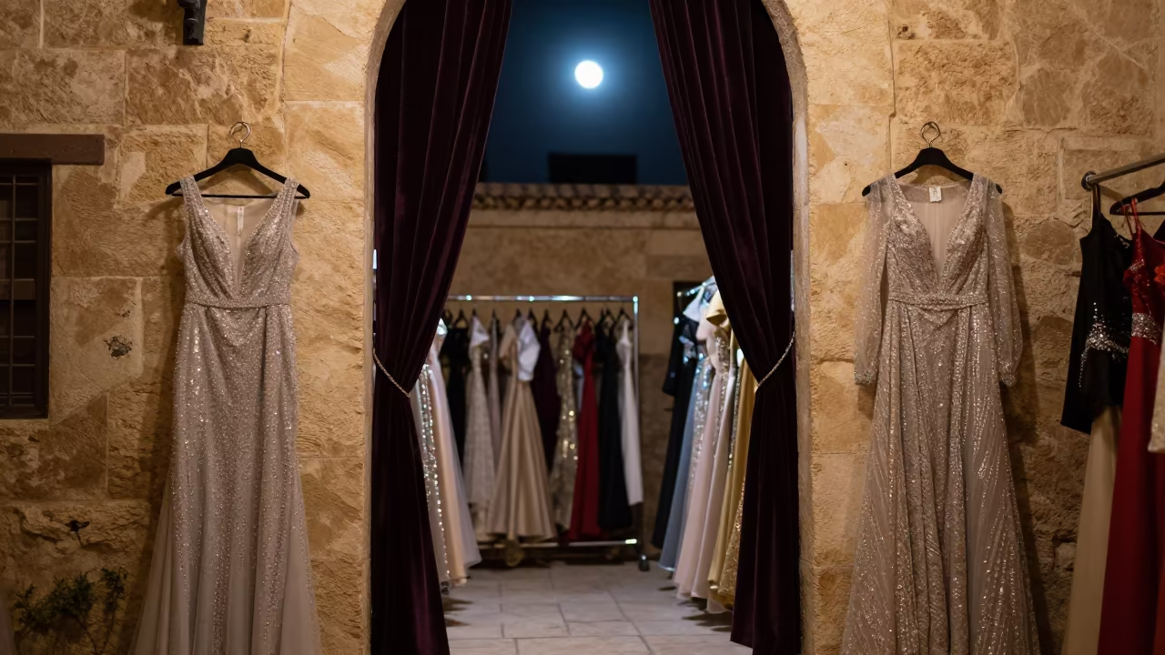 Crystal Gowns in Batna Night in in a stone lane between old facades near Batna