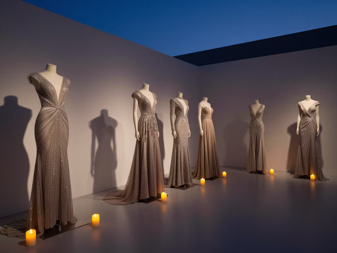 Crystal Gowns Under Candlelight in Dubai Showroom in inside a minimalist showroom in Dubai
