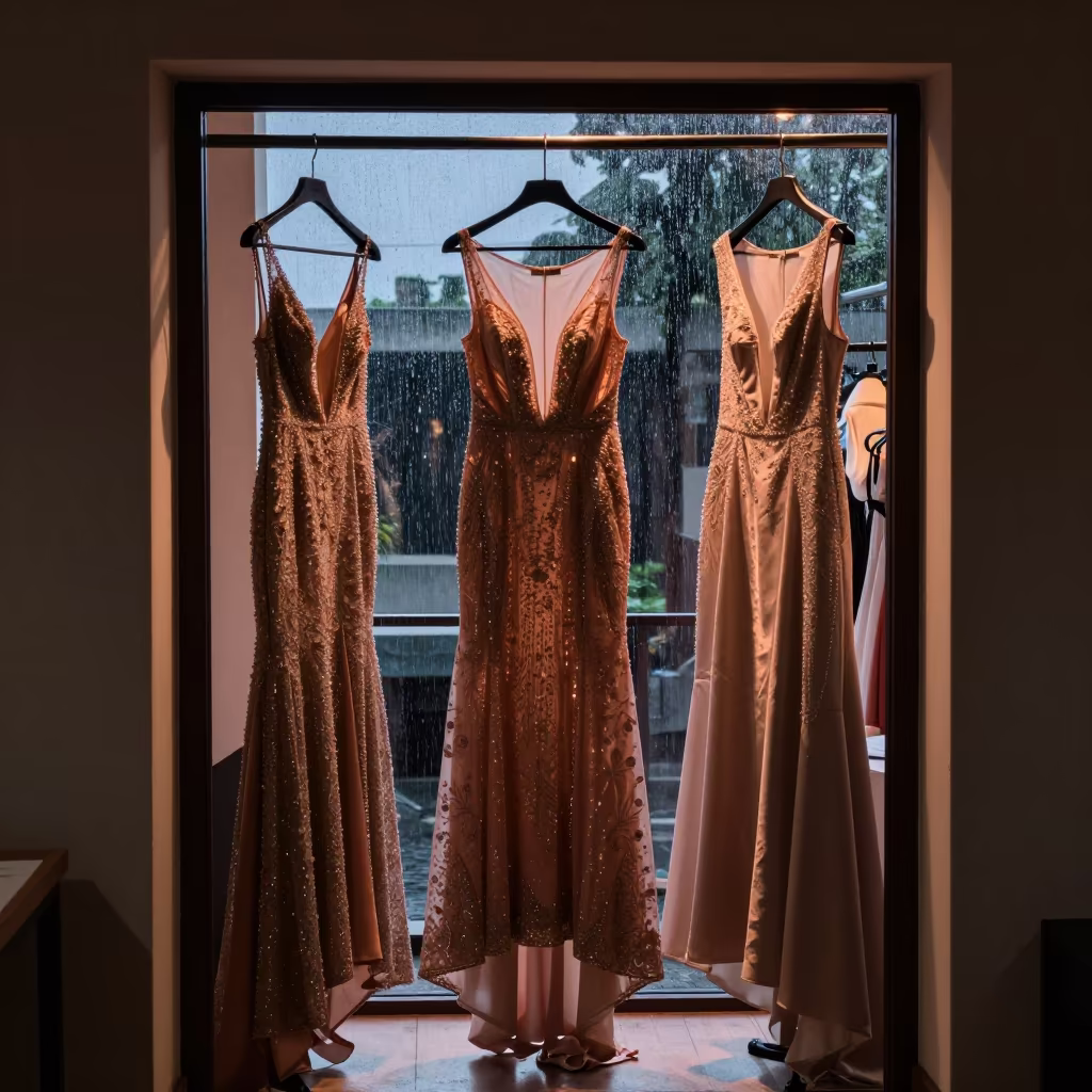Crystal Gowns in Copper Light at Arua Atelier in inside a couture atelier near Arua