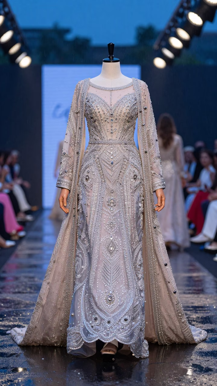 Crystal Gowns Drizzle Rawalpindi Blue Hour in under runway rehearsal lights in Rawalpindi