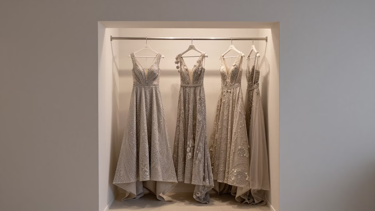 Crystal Gowns in Kanpur Showroom Dawn in inside a minimalist showroom in Kanpur