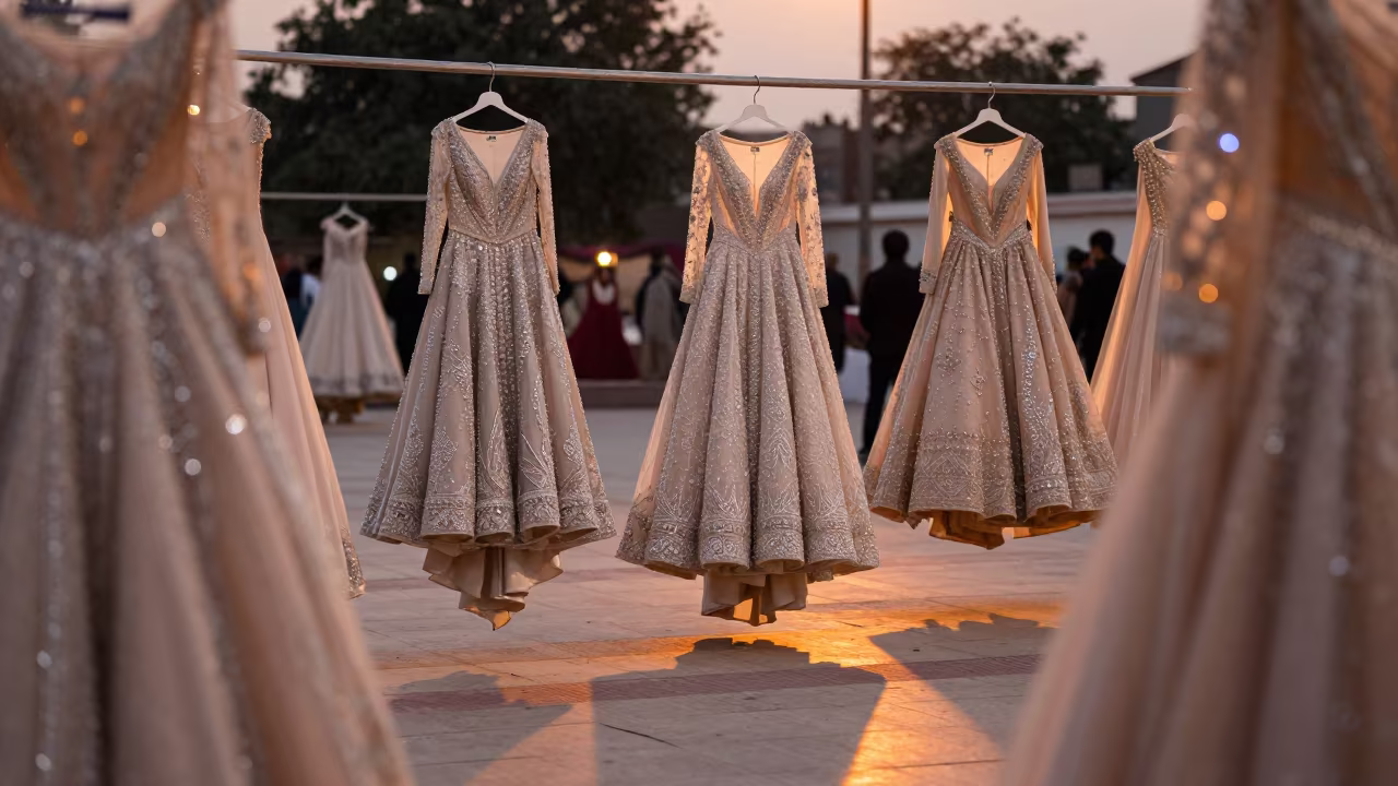 Crystal Gowns in Khuzdar Plaza Dusk Glow in across a reflective public plaza near Khuzdar