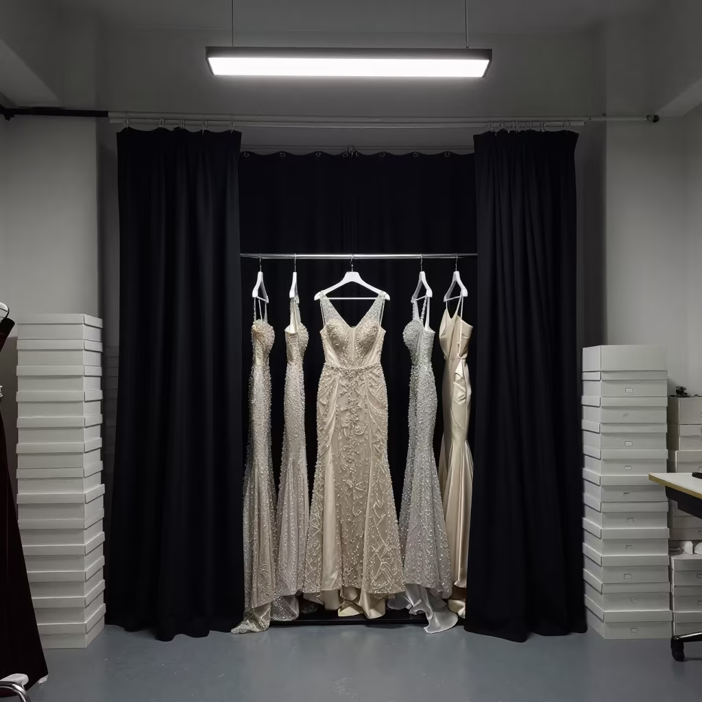 Crystal Gowns Lineup in Guangzhou Atelier in inside a couture atelier in Guangzhou