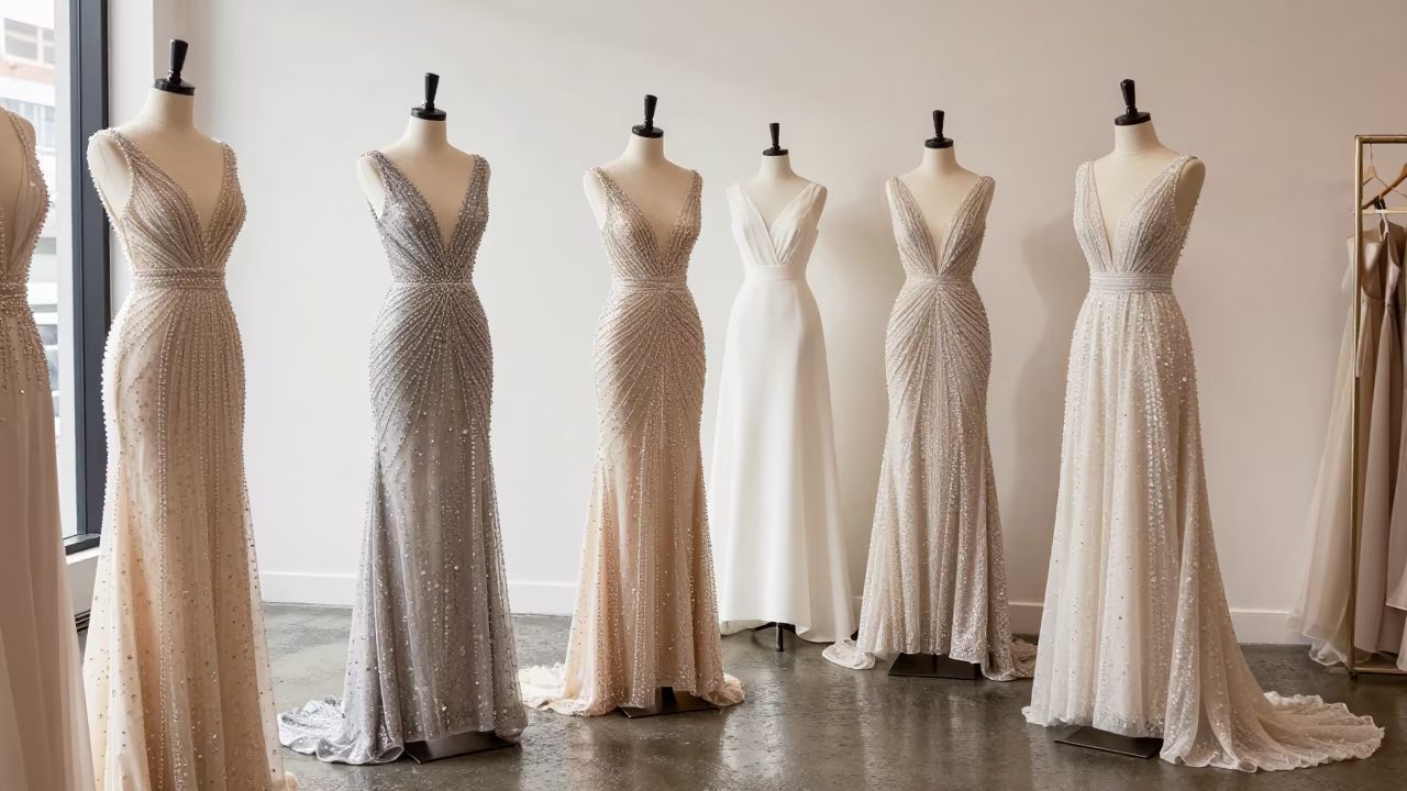 Crystal Gowns Lineup in Philadelphia Atelier in inside a couture atelier near Philadelphia