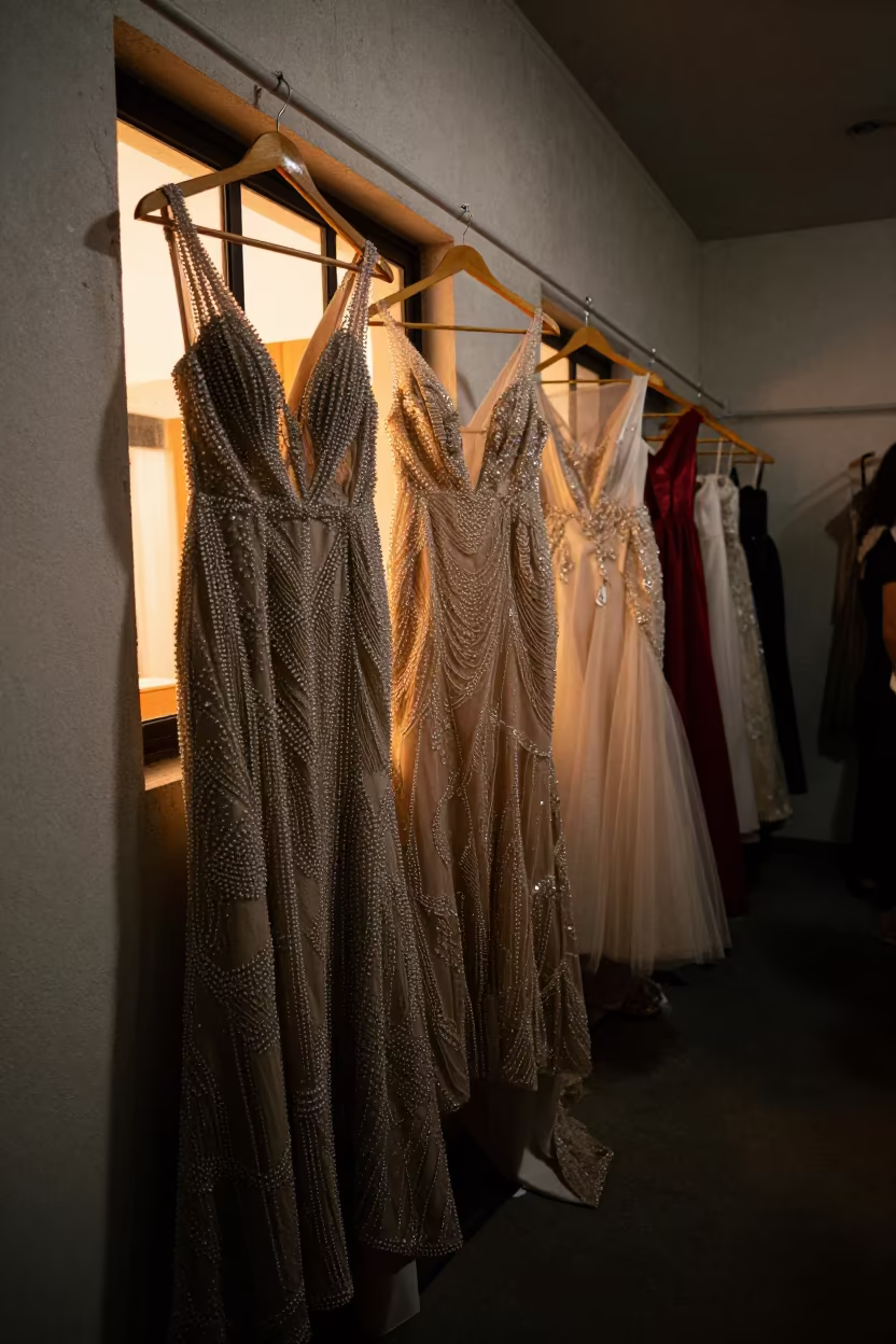 Crystal Gowns in Lobito Backstage Corridor in in a backstage changing corridor in Lobito