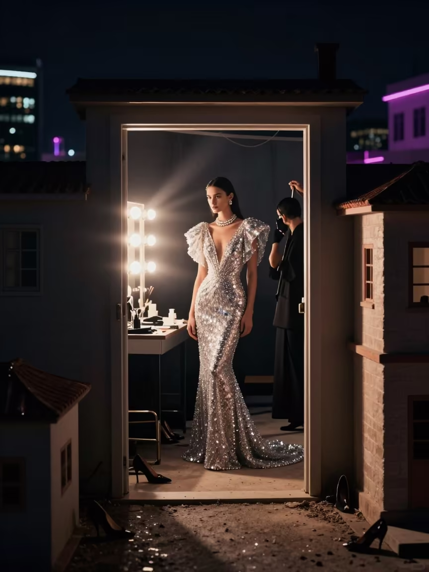 Crystal Gowns and Miniature City at Moçâmedes in beside a mirror lined with makeup bulbs near Moçâmedes