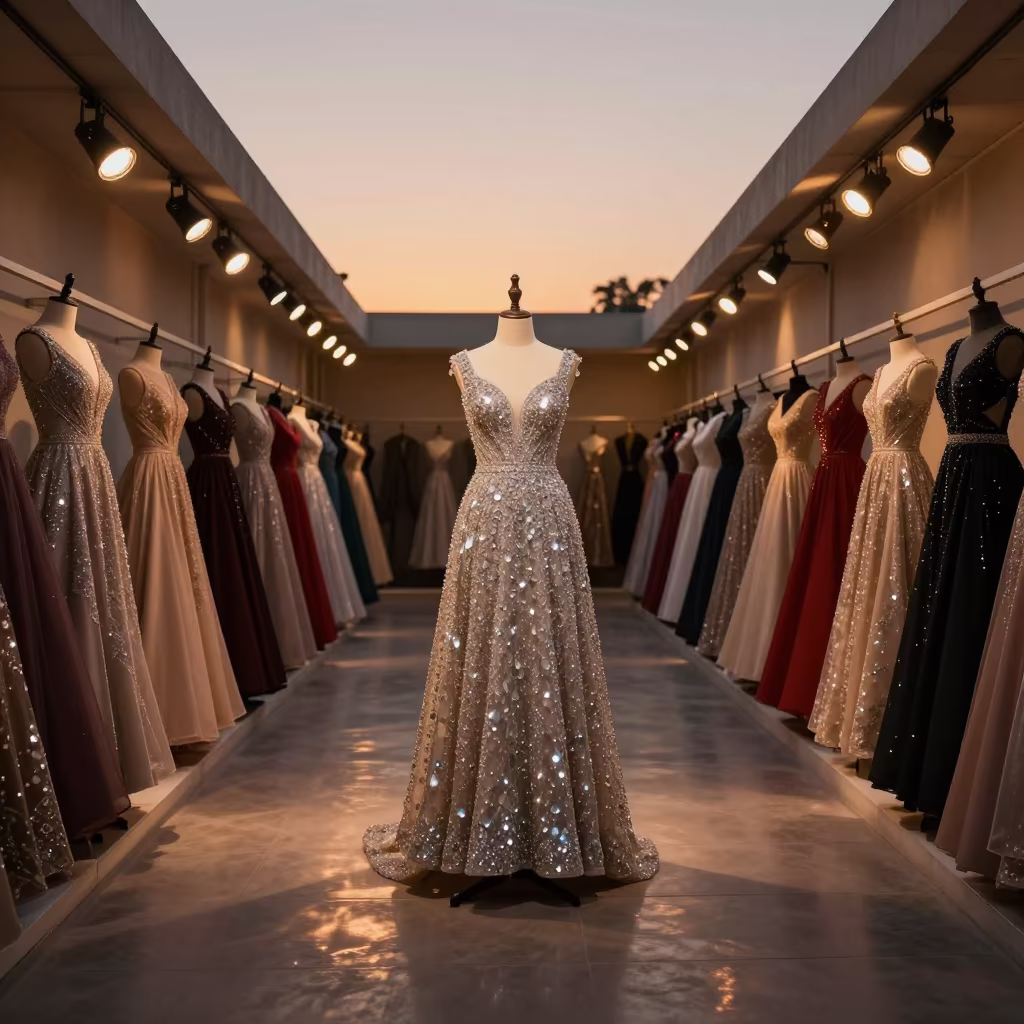 Crystal Gowns on Rail at Saharanpur Sunset in under runway rehearsal lights in Saharanpur
