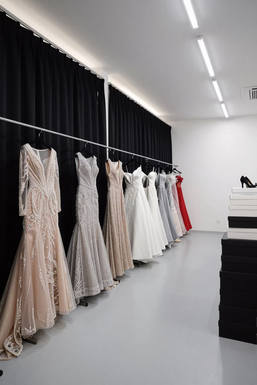 Crystal Gowns on Runway Before Dawn in Krabi in inside a minimalist showroom in Krabi