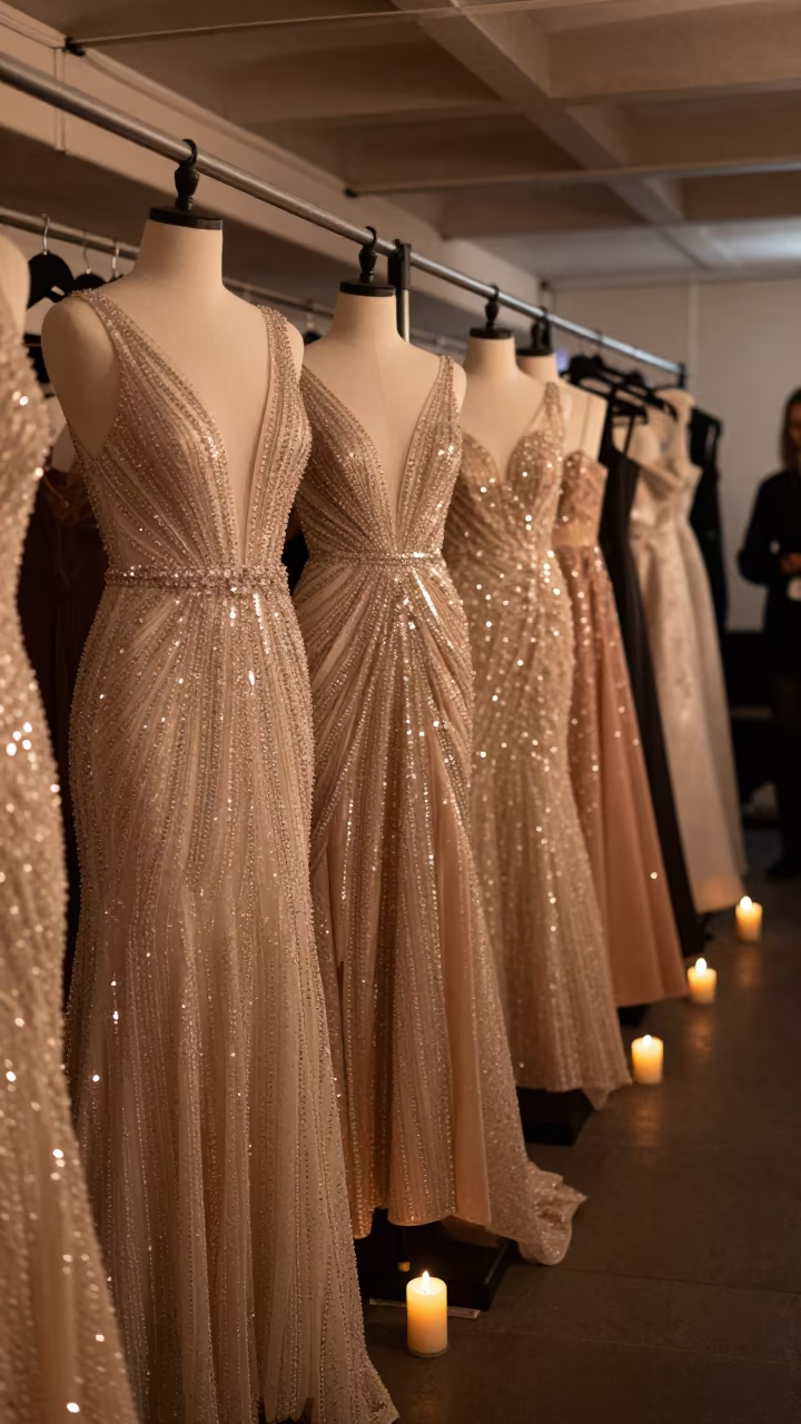 Crystal Gowns on Runway in Vladivostok Evening in under runway rehearsal lights in Vladivostok
