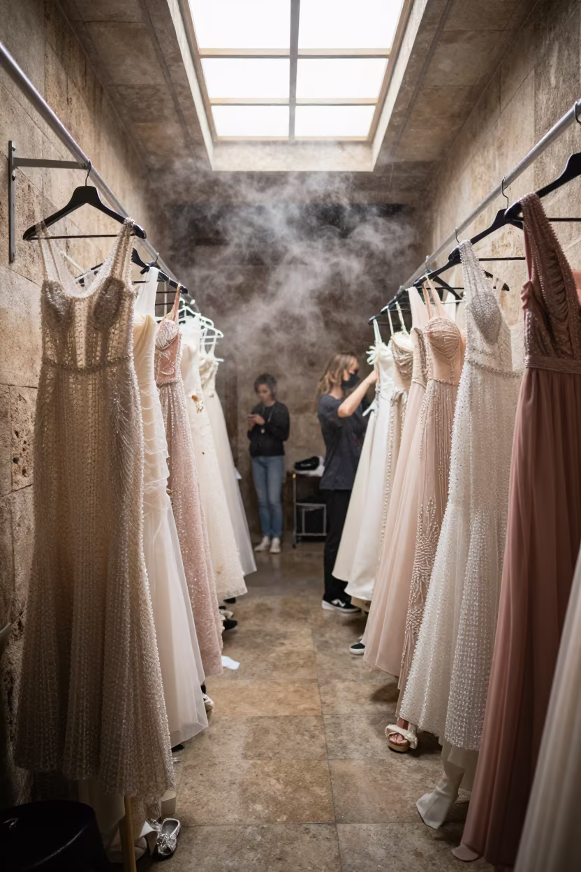 Crystal Gowns Hang in Salamanca Backstage Skylight in in a backstage changing corridor in Salamanca