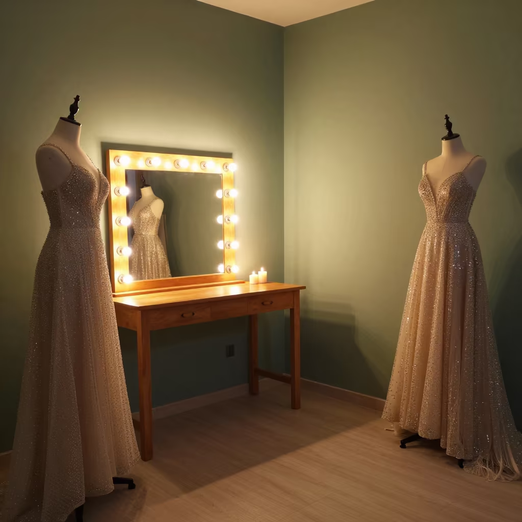 Crystal Gowns on Tailor Table in Izmir Studio in beside a mirror lined with makeup bulbs in Izmir