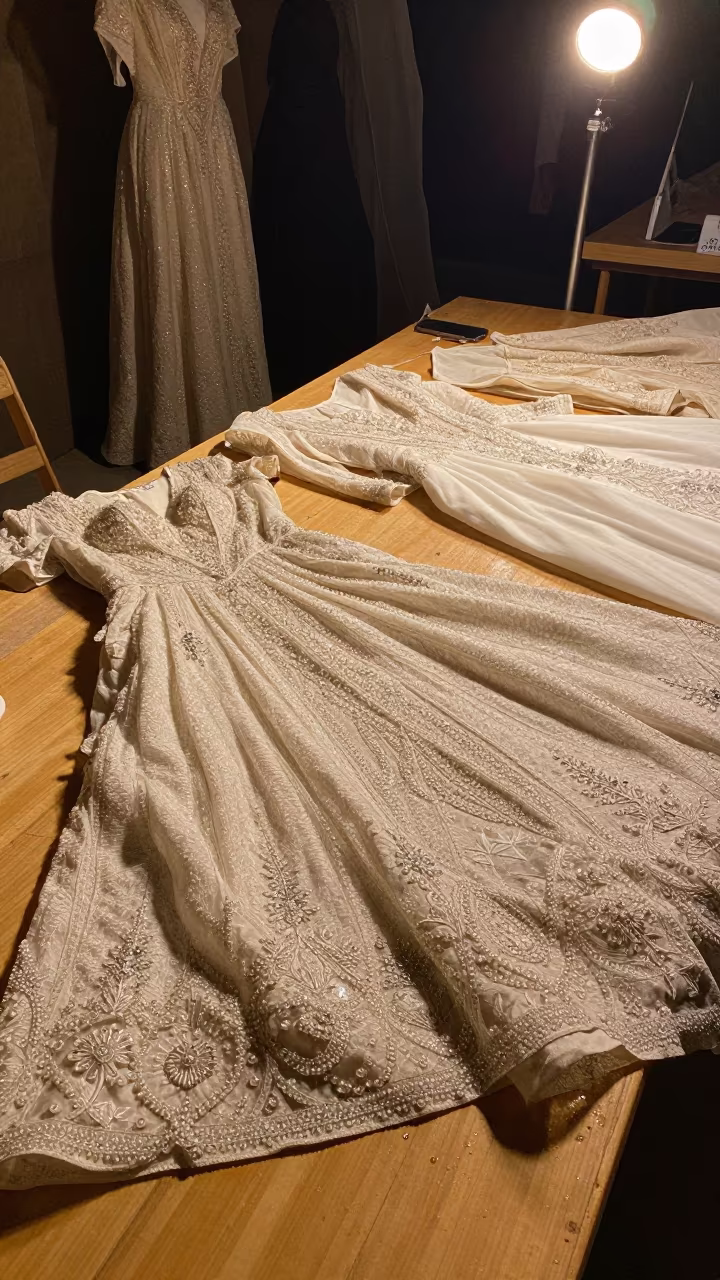 Crystal Gowns on Tailor Table Sana'a Night in under runway rehearsal lights in Sana'a