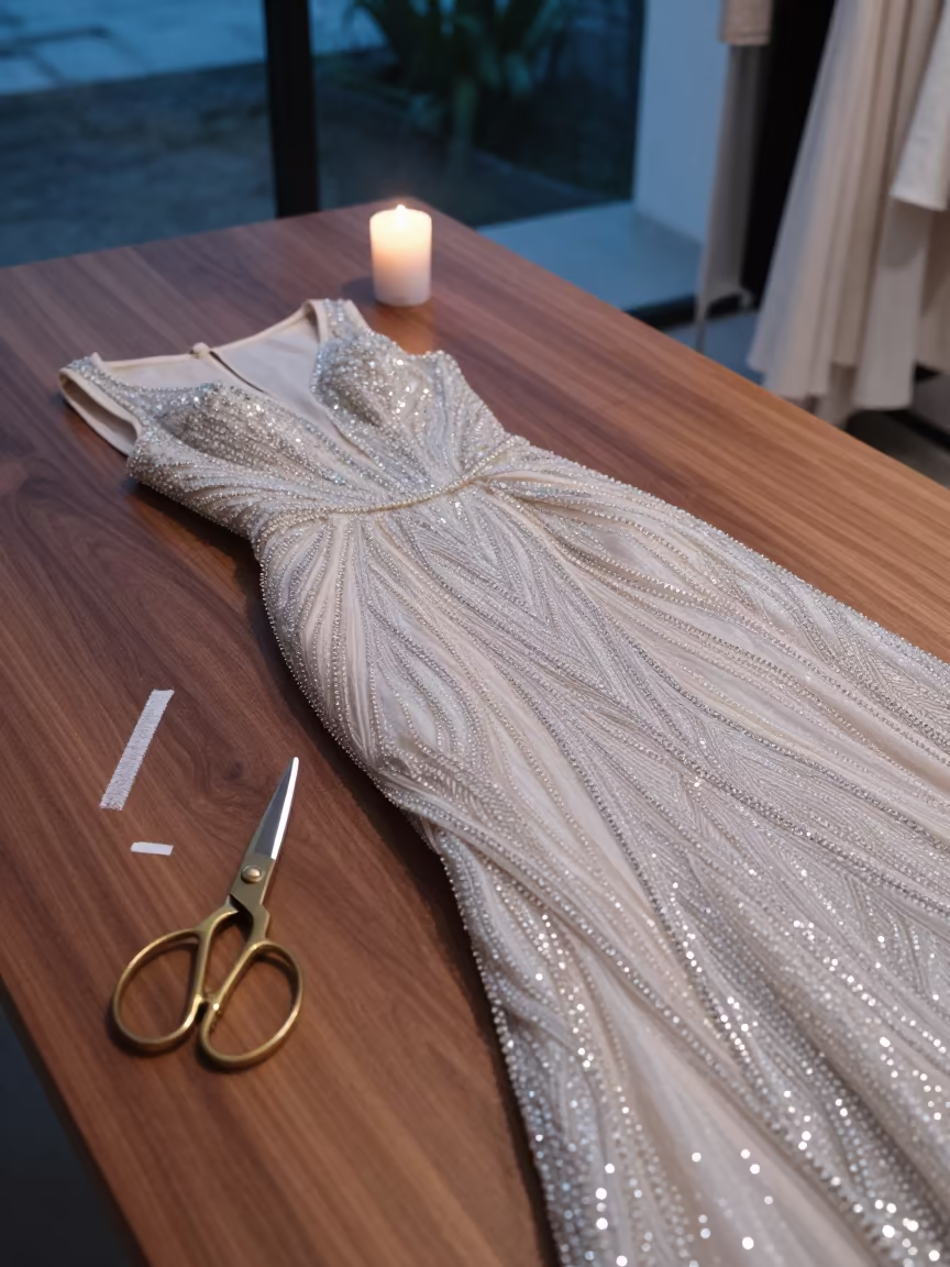 Crystal Gowns Tailored in Denpasar Twilight in at a tailoring table strewn with chalk and shears in Denpasar