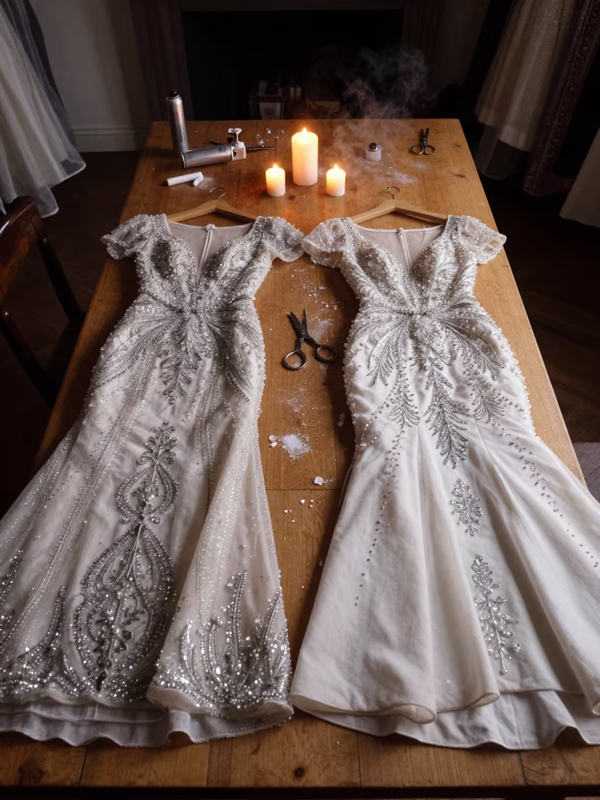 Crystal Gowns on Tailoring Table Before Dawn in at a tailoring table strewn with chalk and shears in Gloucester