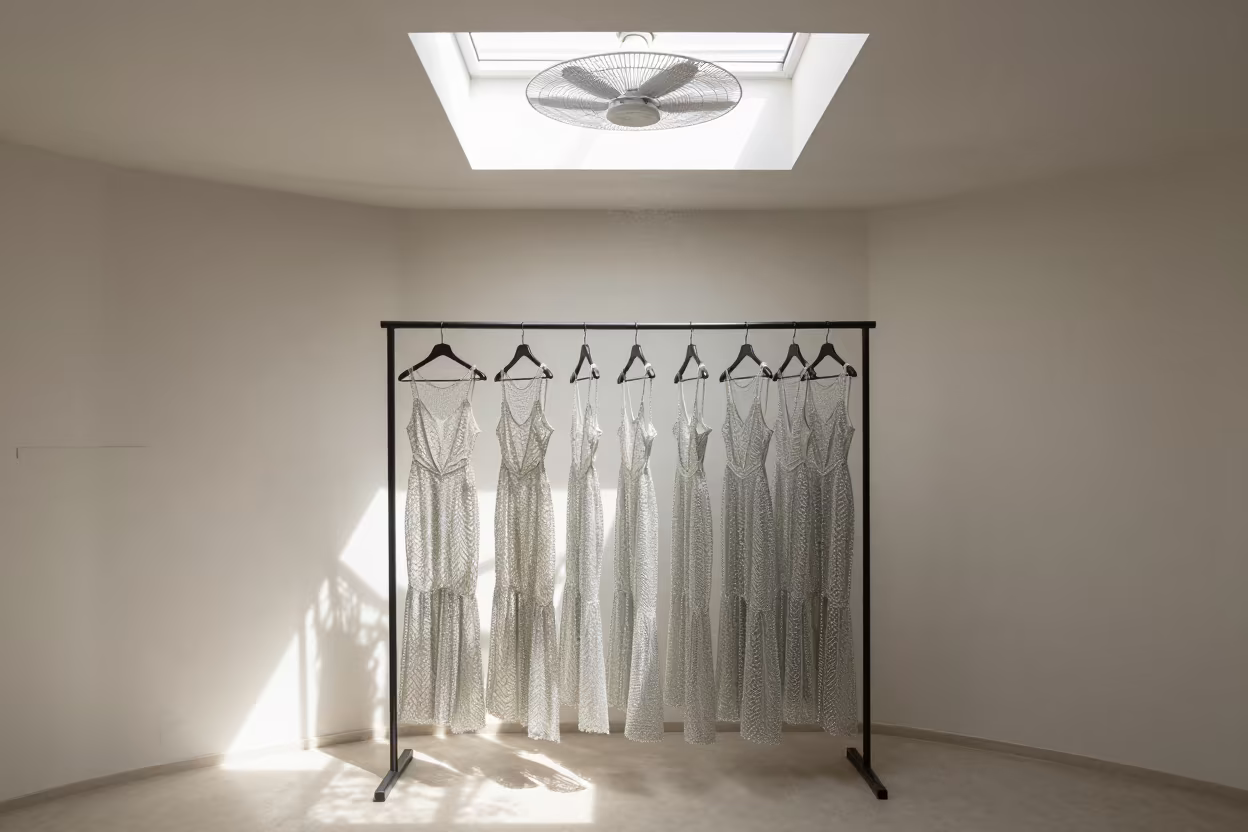 Crystal Mesh Dresses on Rack in Bukhara Showroom in inside a minimalist showroom in Bukhara