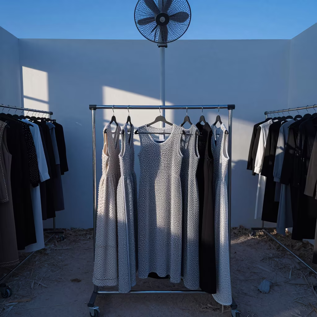 Crystal Mesh Dresses on Rack in Twilight in inside a minimalist showroom near Al-Safira