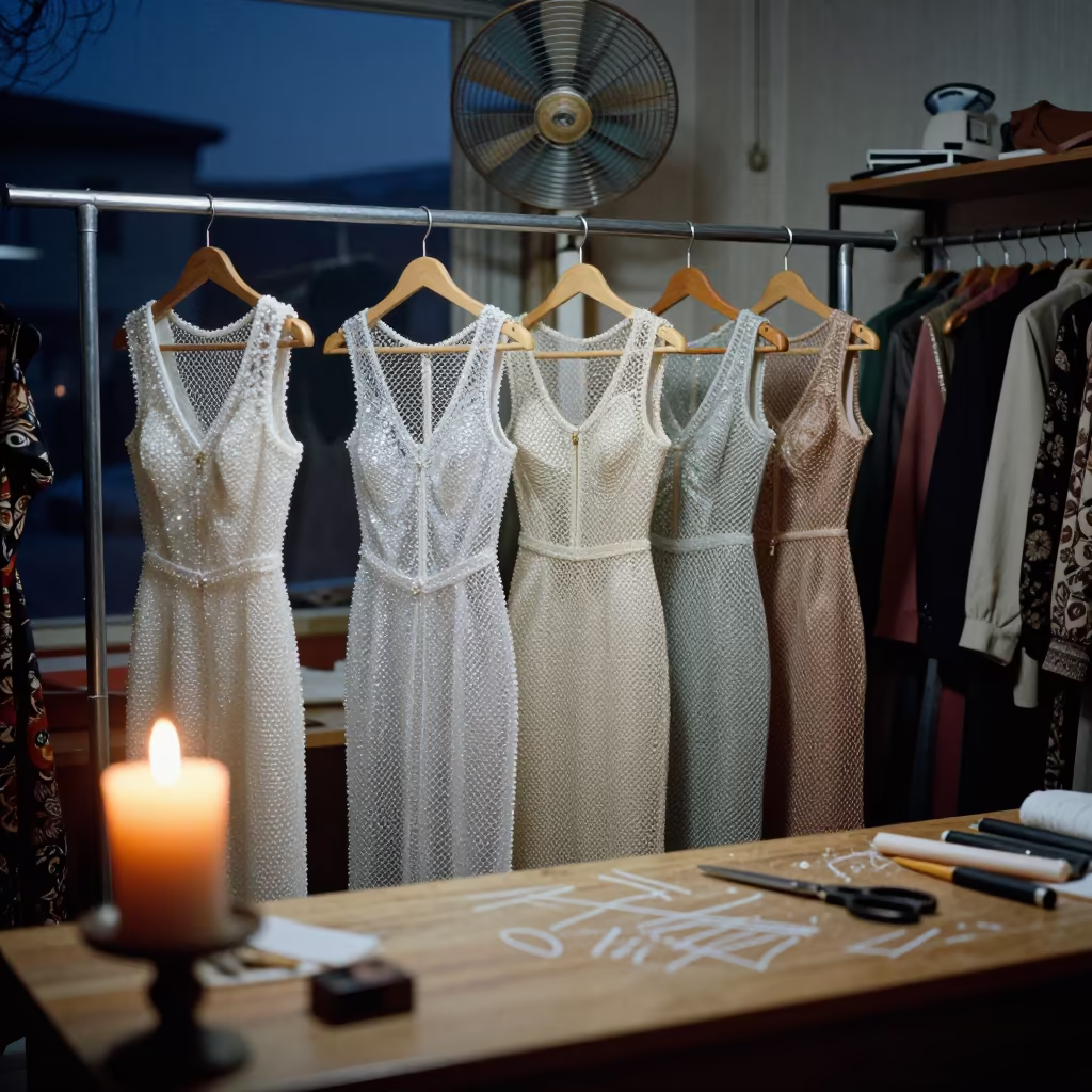 Crystal Mesh Gowns on Table in Isparta in at a tailoring table strewn with chalk and shears in Isparta