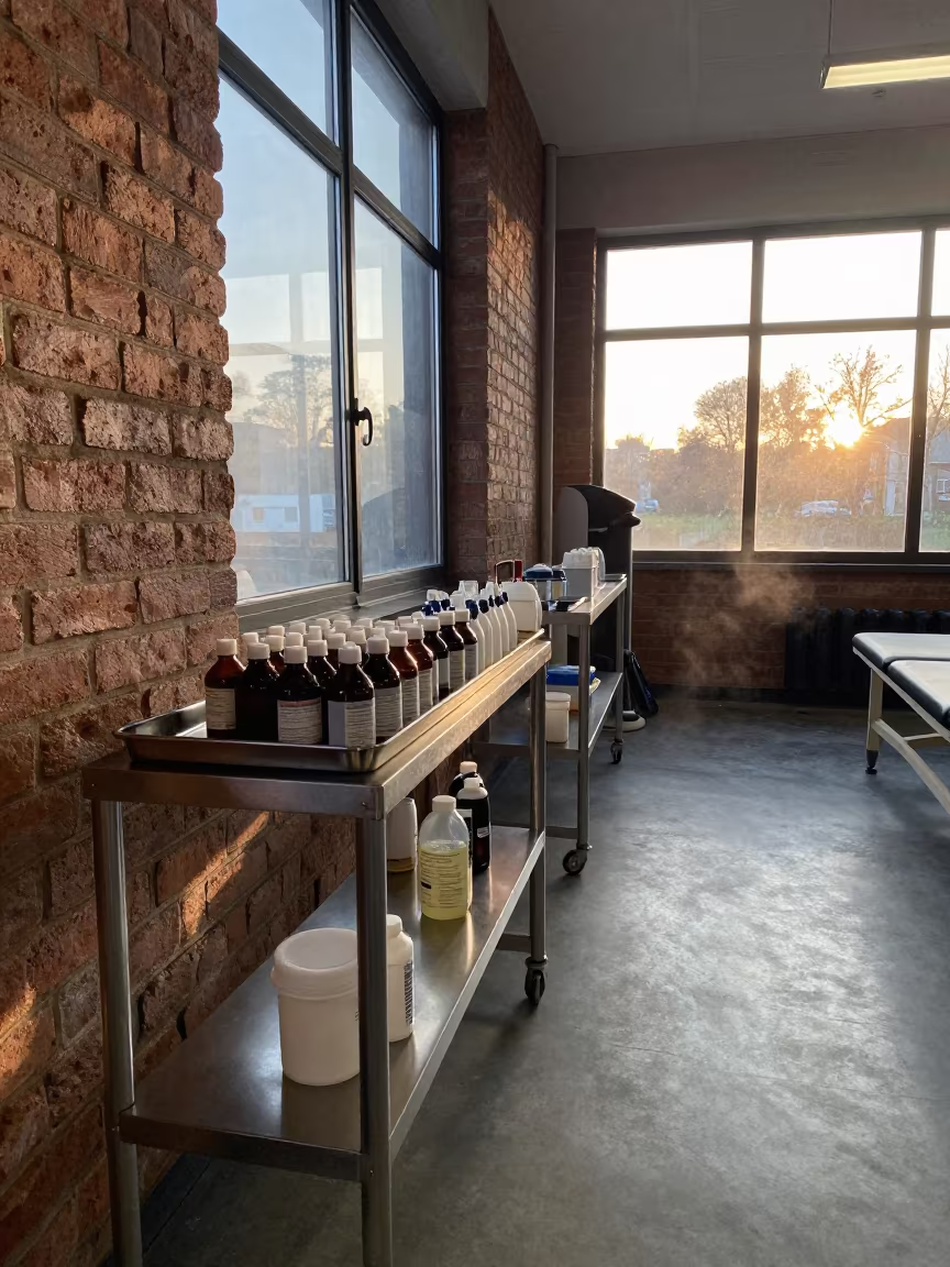 CT Contrast Shelf in Rome Rehab Gym Dawn Light in inside a rehabilitation gym near Monti, Rome