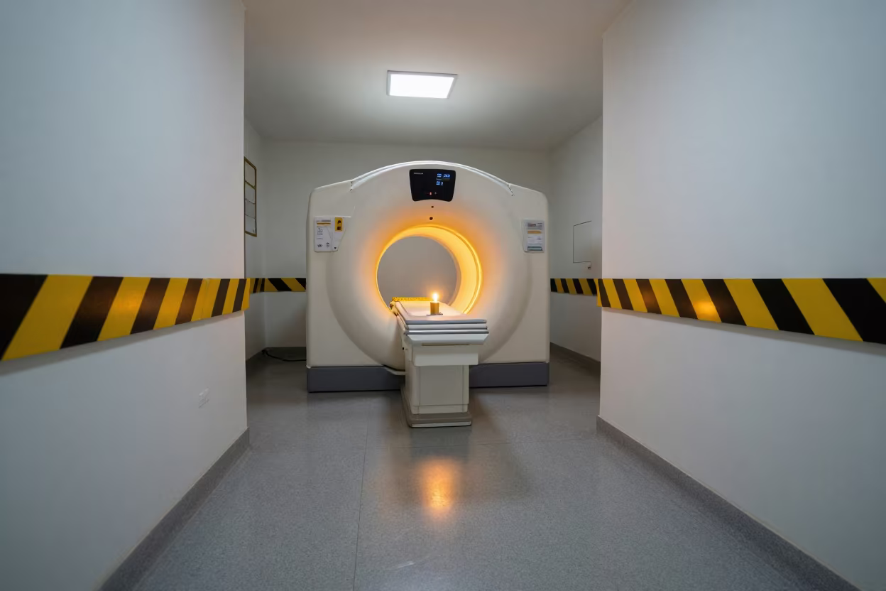 CT Scanner Room Threshold with Candlelight in inside a hospital corridor in Ramadi