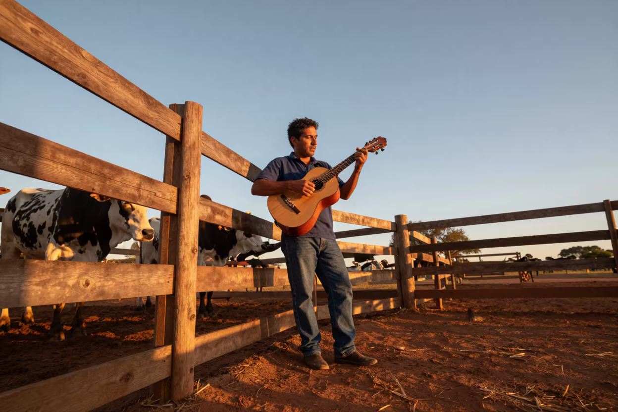 Cuatro Player Strums Joropo in Australian Cattle Corral in inside a ranch corral in Western Australia