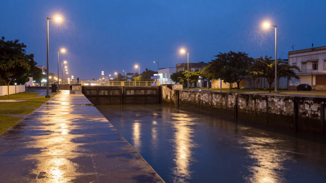 Cuban Canal Lock Pond Under Blue Hour Rain in along a levee path above floodwater in Cuba