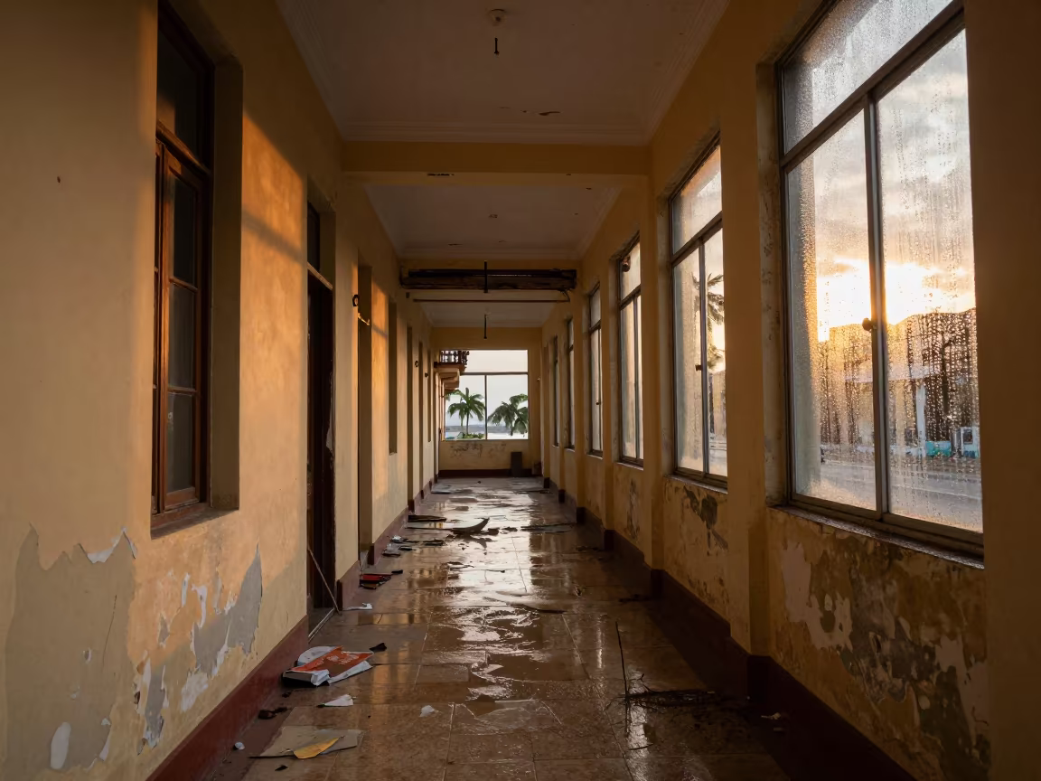 Cuban Hotel Corridor Sunset Ruin in through a shattered institutional hallway with debris underfoot in Cuba