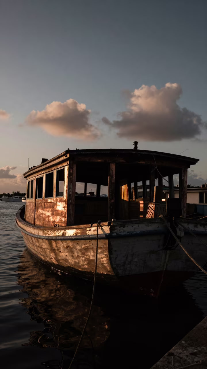 Cuban Junk Boat Silhouette Before Dusk in in Cuba