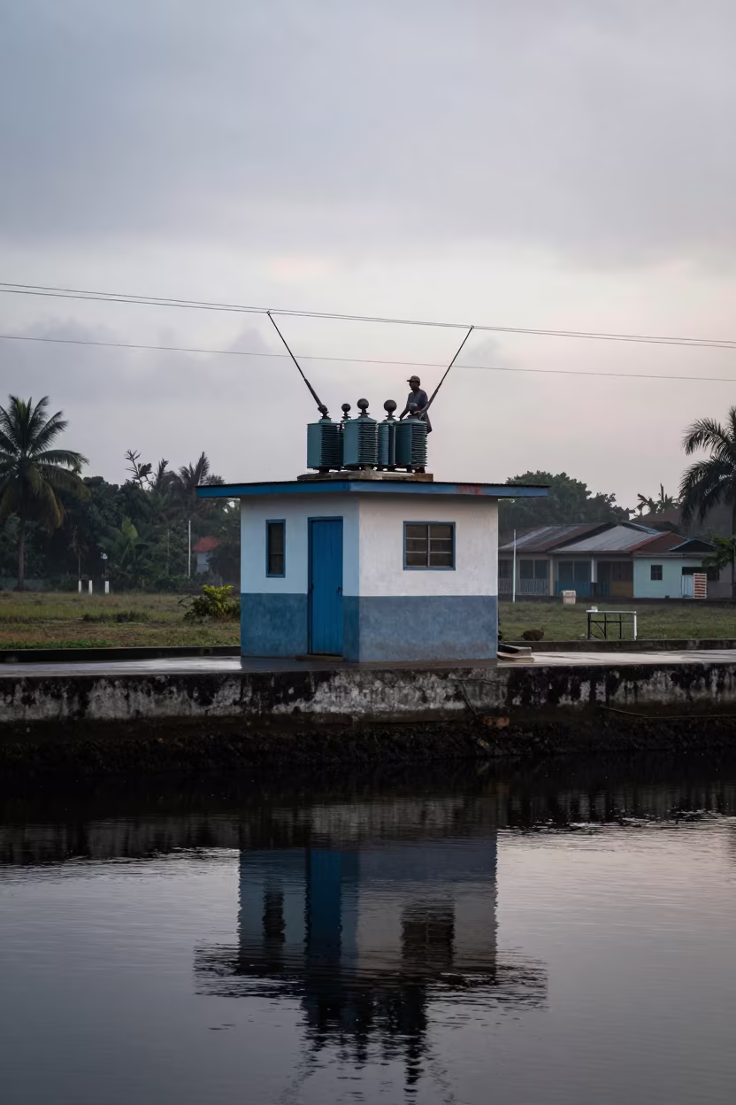 Cuban Lock Keeper Cabin Dawn Silver Light in along a levee path above floodwater in Cuba