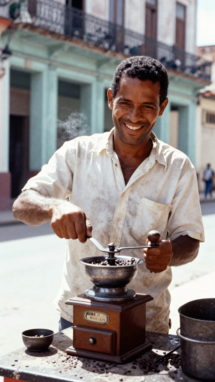 Cuban Man Grinding Fresh Coffee in Bright Havana Morning Street Scene in in Havana, Cuba