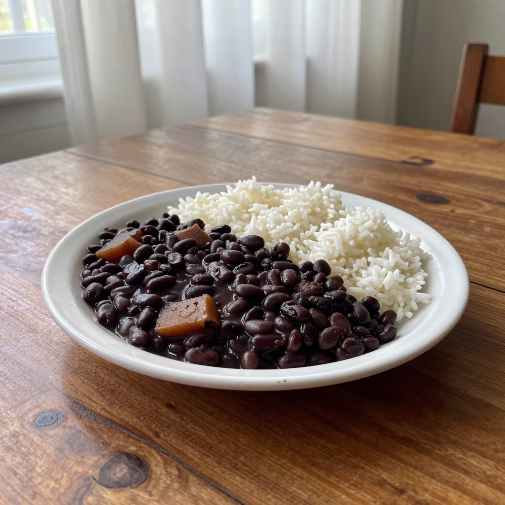 Cuban Ropa Vieja with Black Beans Rice on Wood in on a rustic wooden table in Bursa