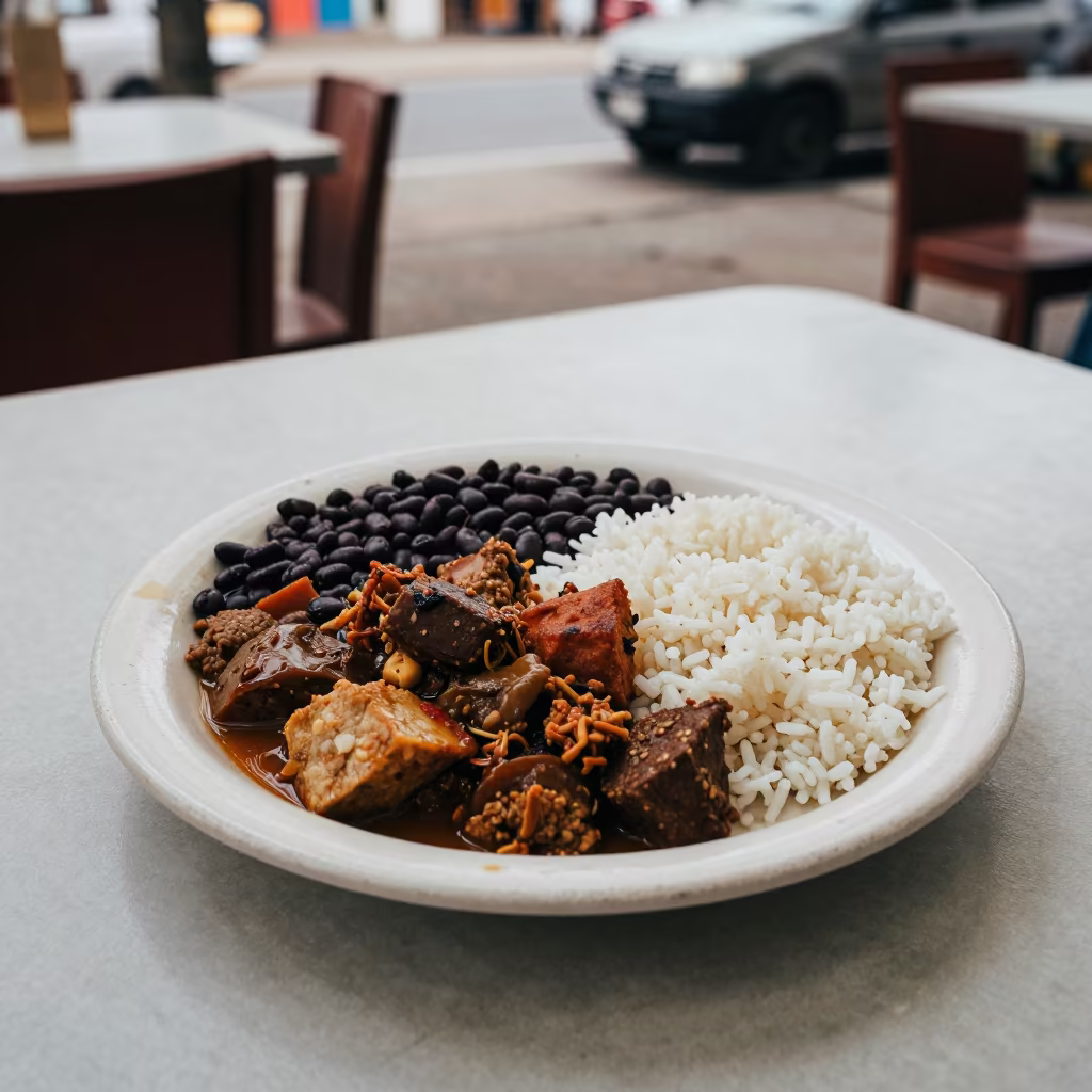 Cuban Ropa Vieja Plate with Rice and Beans in at a roadside diner table in Sana'a