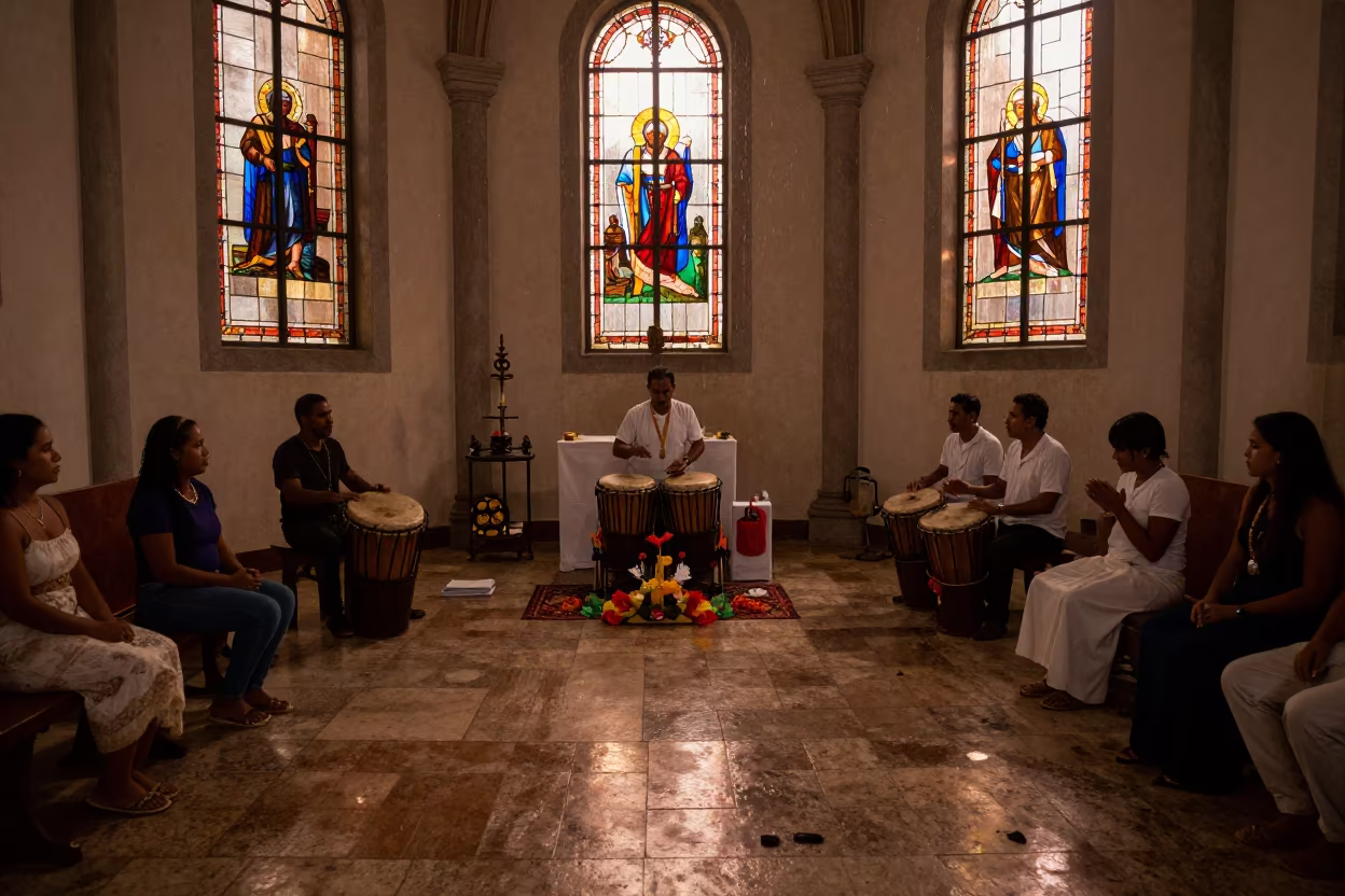 Cuban Santeria Ceremony in Ponce Chapel in in a chapel lit by stained glass in Ponce