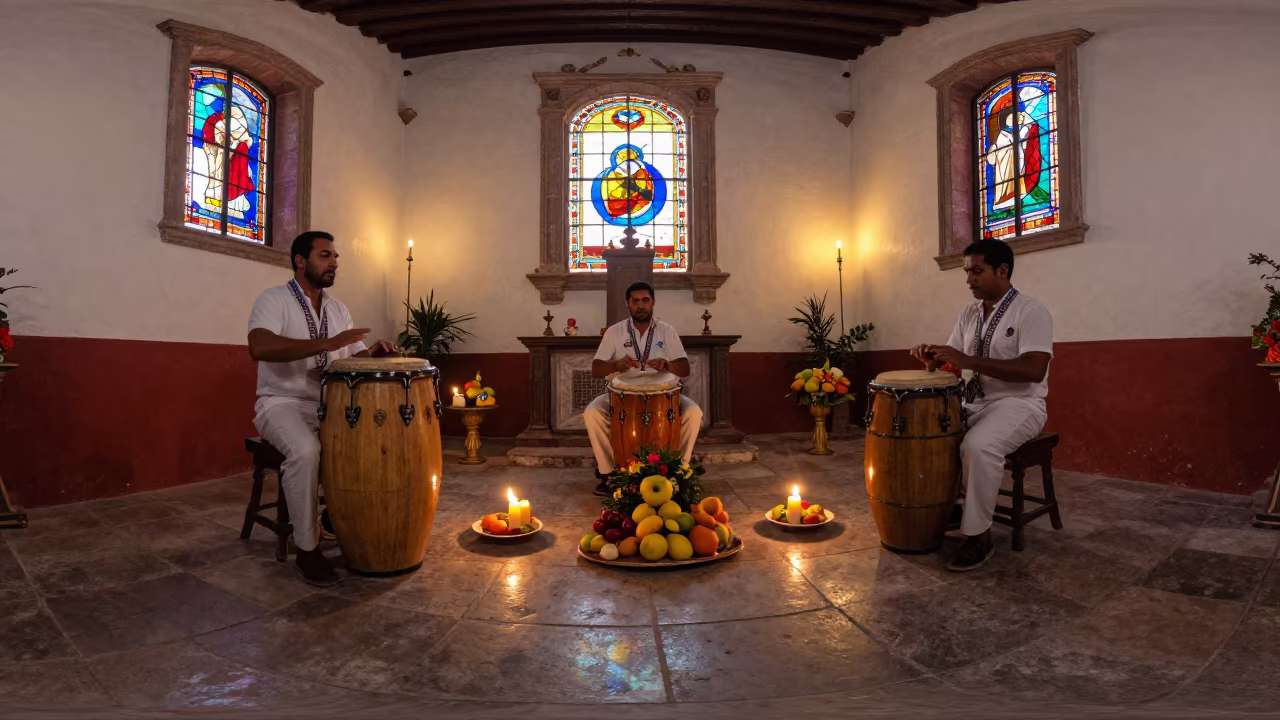 Cuban Santeria Ceremony in Querétaro Chapel in in a chapel lit by stained glass in Santiago de Querétaro