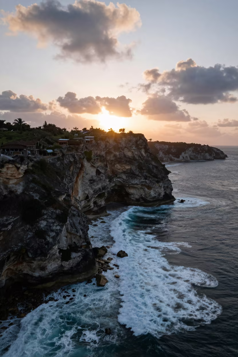 Cuban Sea Cliffs Silhouetted by Copper Dusk Light in far above surf-scalloped coastline in Cuba